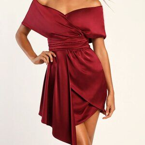 Lulus Always Celebrating Burgundy Satin Off-the-shoulder Mini Dress Red